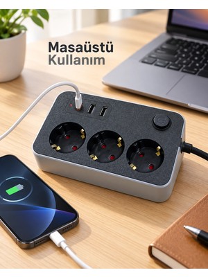 Mey İthalat Mey Ithalat® Masaüstü Kullanıma Uygun Anahtarlı USB ve Type C Çıkışlı Termal Akım Korumalı Priz