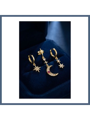 Bezos Gold Renk 3 Lü Ay ve Yıldız Model Küpe BZS10