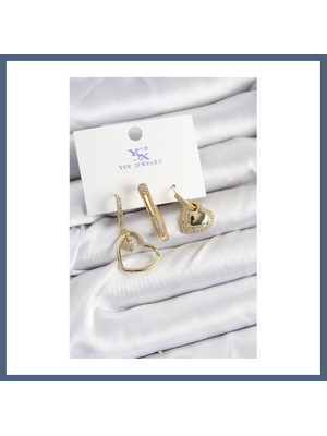 Bezos Pirinç Zirkon Taşlı Kalp Model Gold Renk 3'lü Kadın Küpe BZS10