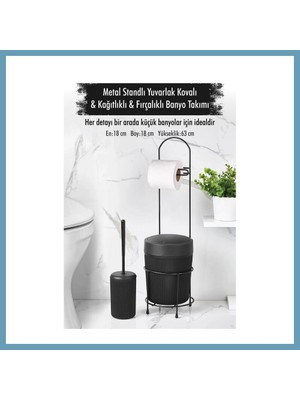 Bezos Metal Standlı Yuvarlak Kovalı & Kağıtlıklı & Fırçalıklı Siyah Banyo Takımı MBT06