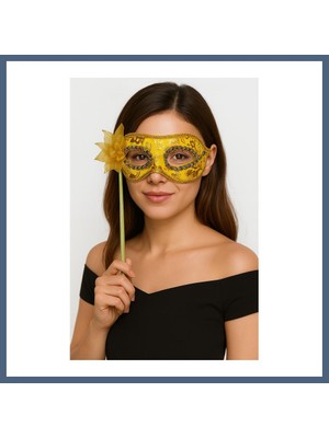 Bezos Lüks Taşlı Saplı Maskeli Balo Maskesi Altın Renk 35 cm BZS10
