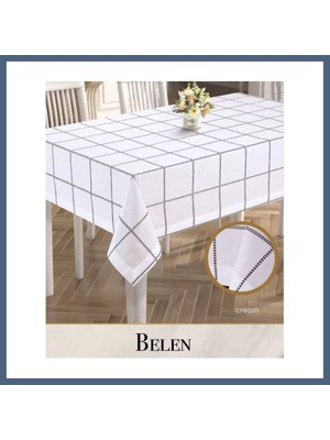 Bezos Belen Model Krem 155X260 cm Çeyizlik Keten Tek Masa Örtüsü Dekoratif Tasarım BZS10