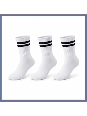 Bezos Unisex Beyaz Çorap Siyah Çizgili 3'lü Set Uzun Soket Günlük Spor Kolej Stil Rahat Kadın Erkek Çorabı Dlra