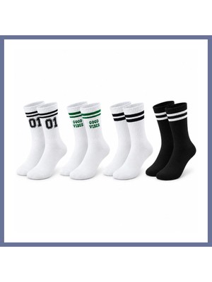 Bezos Unisex Çorap Çizgili 4'lü Set 07 Good Vibes Yazılı Siyah Beyaz Uzun Soket Spor Kolej Stil Rahat Şık Dlra