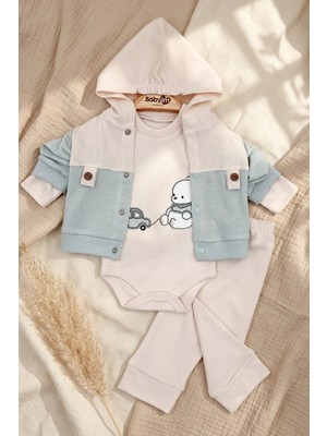 Babyim Amber Soft Pamuklu Kapüşonlu Ceketli 3'lü Bebek Takımı - Yeşil Tonları Özel Seri Baskılı Body ve Pantolon Seti