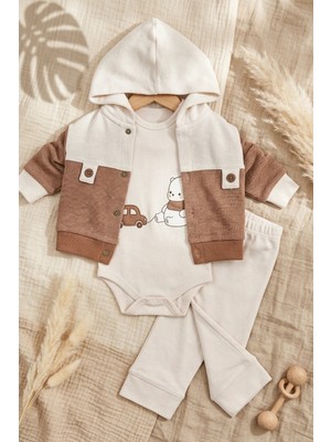 Babyim Amber Soft Pamuklu Kapüşonlu Ceketli 3'lü Bebek Takımı - Toprak Tonları Özel Seri Baskılı Body ve Pantolon Seti