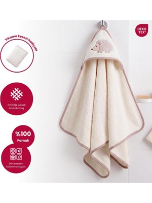 Odea Kapüşonlu Bebek Banyo HAVLUSU%100 Pamuk Bebek Havlu Oeko-Tex® Havlu Kundak (Ekru Kirpi)