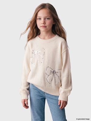 LC Waikiki Lcw Kids Ekru Bisiklet Yaka Kız Çocuk Triko Kazak
