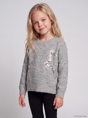 LC Waikiki Lcw Kids Gri Bisiklet Yaka Nakışlı Kız Çocuk Triko Kazak