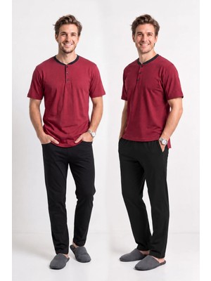 Kompedan Erkek Genç %100 Pamuk Önü Patlı Pijama Takımı | Bordo 021