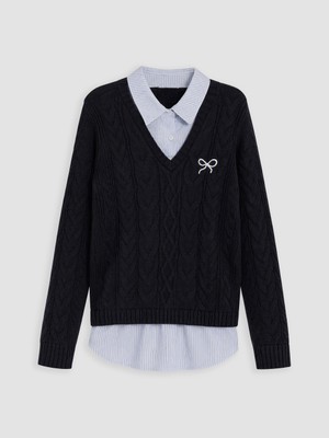 LC Waikiki Lcw Kids Lacivert Nakışlı Gömlek Yaka Kız Çocuk Triko Kazak