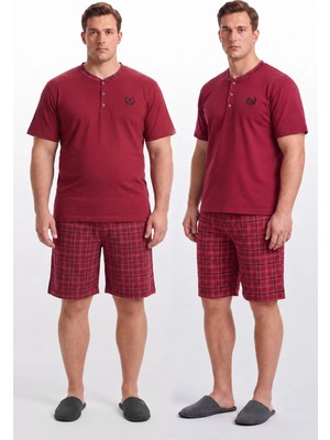 Kompedan Erkek Battal Beden %100 Pamuk Önü Patlı Şortlu Pijama Takımı | Bordo 404