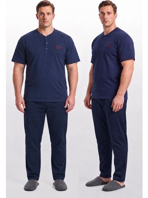 Kompedan Erkek Battal Beden %100 Pamuk Önü Patlı Pijama Takımı | Lacivert 617