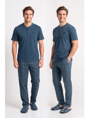 Kompedan Erkek Genç %100 Pamuk Önü Patlı Pijama Takımı | Füme 619
