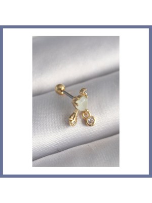 Bezos 316L Çelik Gold Renk Beyaz Mineli Kalp Sallantı Zirkon Taşlı Tragus Piercing Dlra