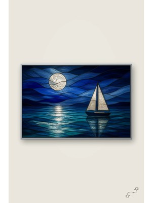 Ay Işığında Yelken — 30×40 cm — Gümüş Metal Çerçeveli Cam Tablo