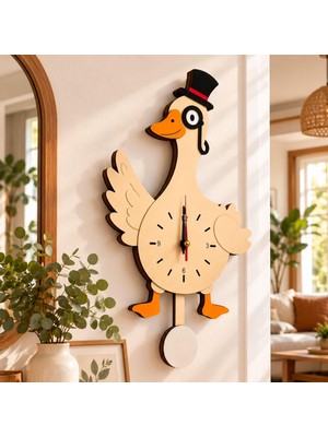 Odea Tr Alg Wood Design Ahşap Ördek Figürlü Duvar Saati – 50 × 28 Cm, Sessiz Mekanizma ve Hareketli Sarkaç