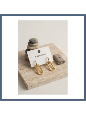 Bezos 316L Gold Renk Tırtıklı Ataç Form Tasarım Küpe BZS10