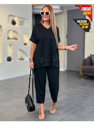 Eskc Trend Moda Kadın Kısa Kollu V Yakalı Pul Payetli Viskon Iki Iplik Bluz ve Pantolon Ikili Takım
