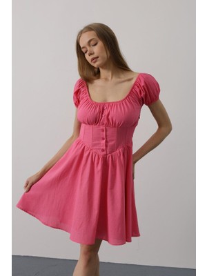 Eskc Trend Moda Beli Korseli Mini Elbise - Fuşya