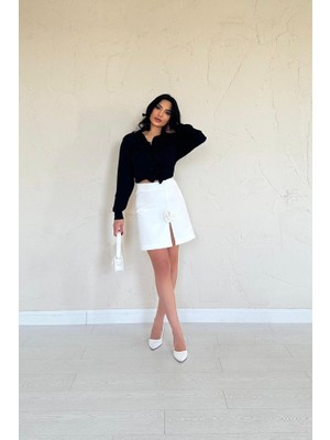 Eskc Trend Moda Ekru Yırtmaçlı Gül Detaylı Mini Etek