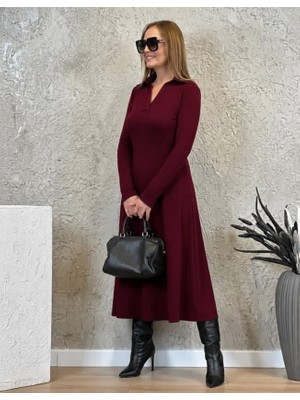 Eskc Trend Moda Kadın Uzun Kollu Yakalı Midi Viskon Iki Iplik Elbise