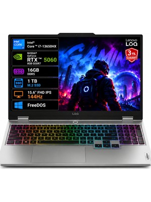 Lenovo Loq 15IRX10 83JE01L2TR-01 Intel Core I7-13650HX 16GB 1TB SSD RTX5060 8gb 100W 15.6" Fhd IPS 144Hz Freedos Taşınabilir Bilgisayar