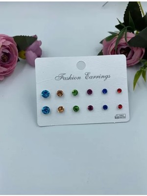 İlraysa 6çift Farklı Boyda Renkli Kristal Taşlı Küpe Seti