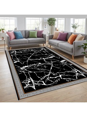 Carpettex Siyah Beyaz Mermer Çatlak Desenli Bordürlü Dijital Baskılı Kaymaz Tabanlı 6 mm Yıkanabilir Halı