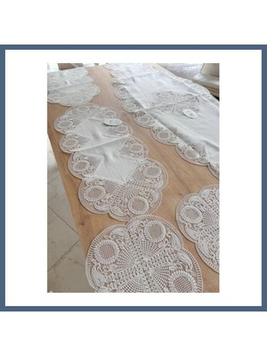 Bezos Salon Takımı Çeyizlik Krem Runner Set 5 Parça Keten Ranır Masa Sehpa Konsol Örtüsü Defne BZS10