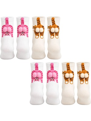 KSB Store Kadın 4'lü Kedi Desenli 3D Ponponlu Soket Çorap Seti | Pembe Turuncu Tekir Kedi Figürlü Neşeli Çorap