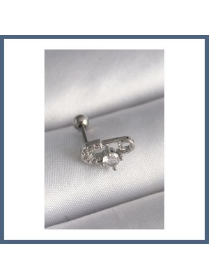 Bezos 316L Çelik Gümüş Renk Zirkon Taşlı Toplu Iğne Tragus Piercing BZS10