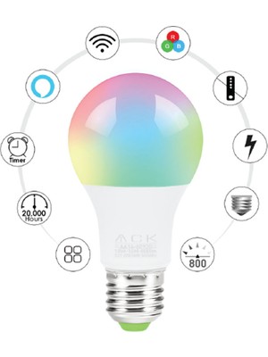Ack 10W E27 Wi-Fi Akıllı LED Ampul, Renkli Işık Seçenekleri ve Uzun Ömürlü Kullanım