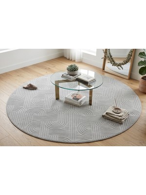 Talvora Home Bohem Emboss Desenli Yuvarlak Açık Gri Kaymaz Taban Halı – Yumuşak Dokulu, Modern Dekoratif Salon, Oturma Odası ve Antre Halısı