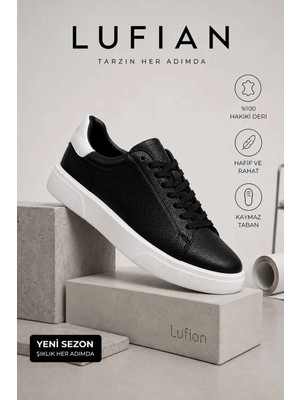 Lufian Erkek Siyah Hakiki Deri Sneaker Günlük Spor Ayakkabı Kaymaz Taban Modern Casual