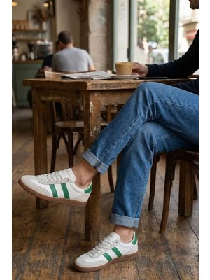 Lufian Retro Erkek Sneaker - Kahverengi Kauçuk Tabanlı Yeşil Şeritli Casual Ayakkabı