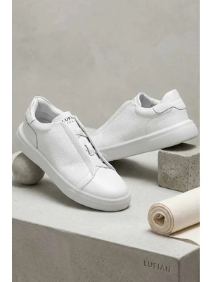 Lufian Erkek Beyaz Hakiki Deri Sneaker - Bağcıksız Casual Günlük Ayakkabı
