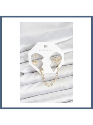 Bezos Pirinç Gold Renk Uzay Model Zincir Bağlantılı Ear Cuff Küpe Seti BZS10