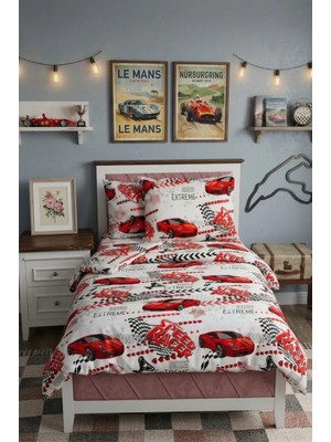 Denizli Çeyiz Denizli Tek Kişilik Araba Desenli Nevresim Takımı Kırmızı 160 x 220 cm Pamuk Polyester Kumaş