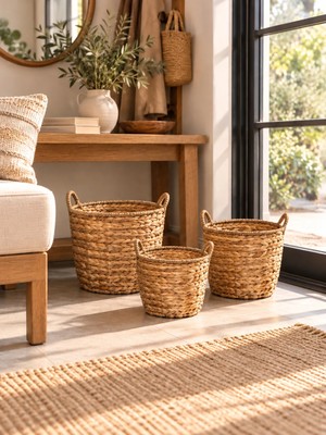 Bahçem Dekoratif Saklama Sepeti Hasır Water Hyacinth / Su Sümbülü Yuvarlak 3'lü Takım Set