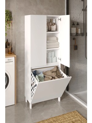 Dekorfim DF03112 Çok Amaçlı Dolap 3 Raflı Kapaklı Banyo Dolabı, Kirli Sepetli Çamaşır, Kıyafet, Havlu Düzenleyici