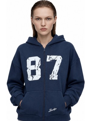 Hakke Oversize Kolej Baskılı Fermuarlı Kapüşonlu Sweatshirt
