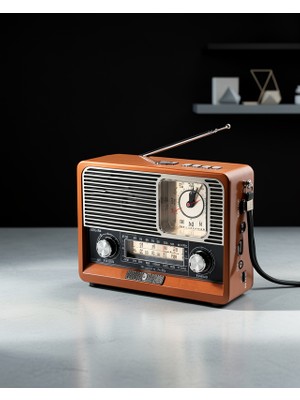 Helinaria Ahşap Görünümlü Retro Radyo Bluetooth USB Aux Sd