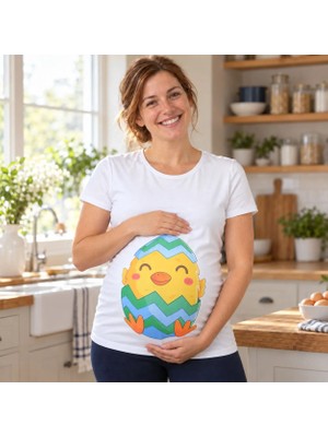 Mummy's Baby Hamile Tişört Civciv Beyaz %85 Pamuk Slimfit Rahat Kesim Günlük Kullanım