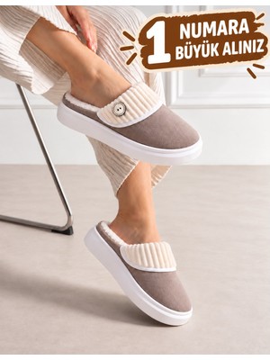Redtan Kadın Düğme Detaylı Peluş Yumuşak Yıkanabilir Ev Terliği Kalın Tabanlı Sıcak Tutan Ev Terliği
