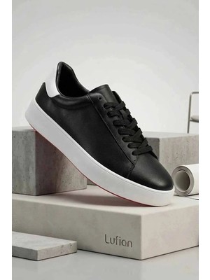 Lufian Erkek Siyah Hakiki Deri Sneaker - Beyaz Kalın Tabanlı Günlük Spor Ayakkabı