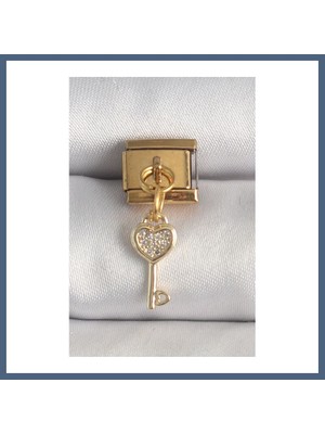 Bezos 316L Çelik Gold Renk Sallantı Zirkon Taşlı Kalpli Anahtar Model Nomination Charm BZS10