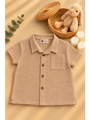 Elovias %100 Pamuk Müslin Erkek Çocuk Gömlek | Kısa Kollu Düğmeli Cepli Yazlık - Baharlık Oversize Rahat Kesim | 3 Renk | 1-2-3-4 Yaş