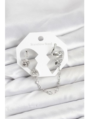 Urfakent Pirinç Gümüş Renk Yılan Model Zincir Bağlantılı Ear Cuff Küpe Seti