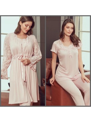 Bone Club 4902 Pudra  Hamile Lohusa 3 Lü Dantel Kollu Pijama Sabahlık